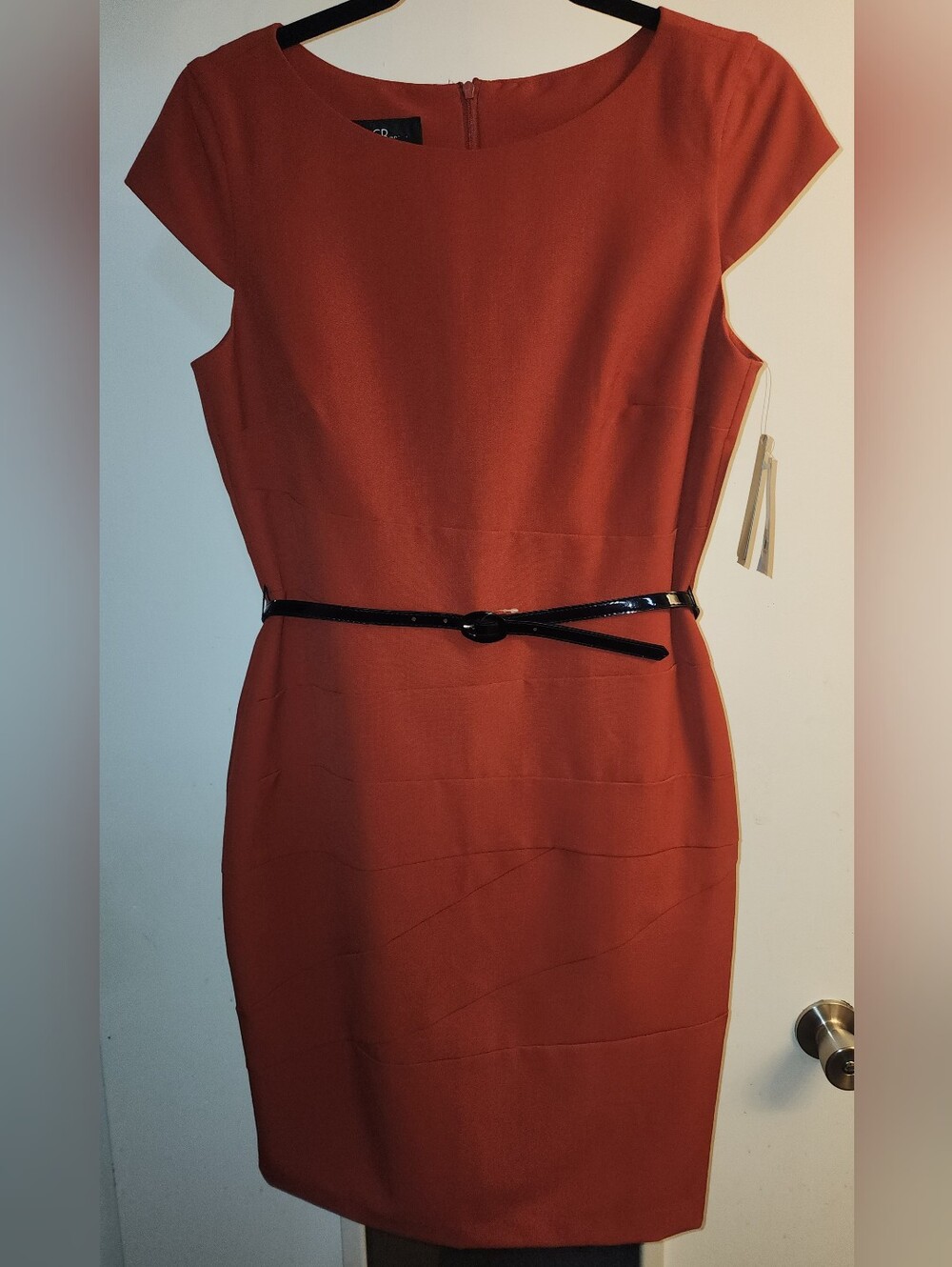 AGB Rust Orange Sheath Dress with Black Patent Belt NWT FALL DRESS
